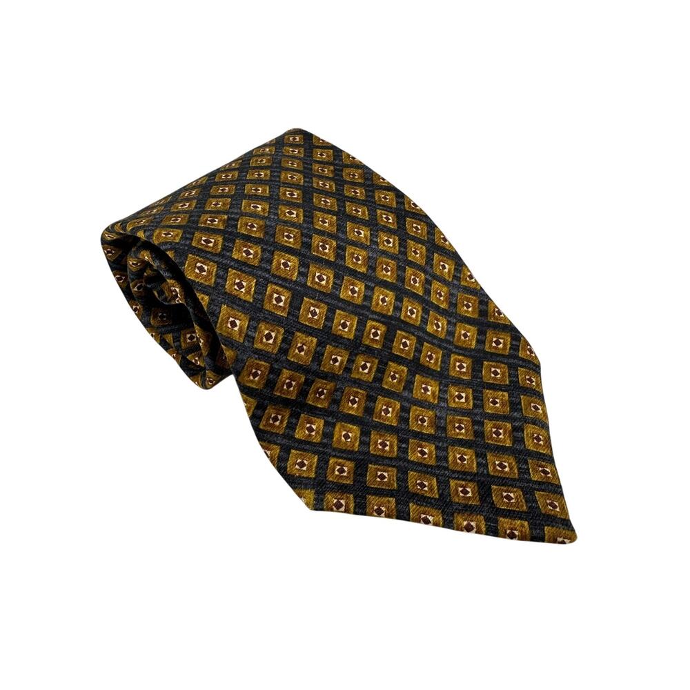 Navy & Navy 100% Silk Necktie Gold Blue Geometric Pattern Made in Italy